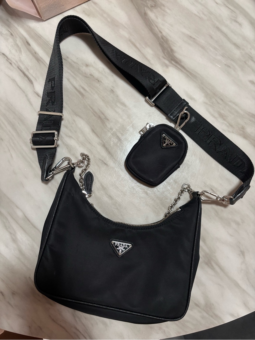 Prada Black Nylon Shoulder Bag with Logo Strap and Coin Pouch